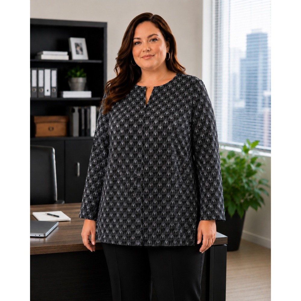 Catherines Womans Sz 1X Blouse Button Front 3/4 Long Sleeve Geometric‎ Gradient